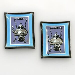 Vtg Houze Art MCM Glass Tea Bag Trinket Trays Coffee Pot Black Blue Set Of 2
